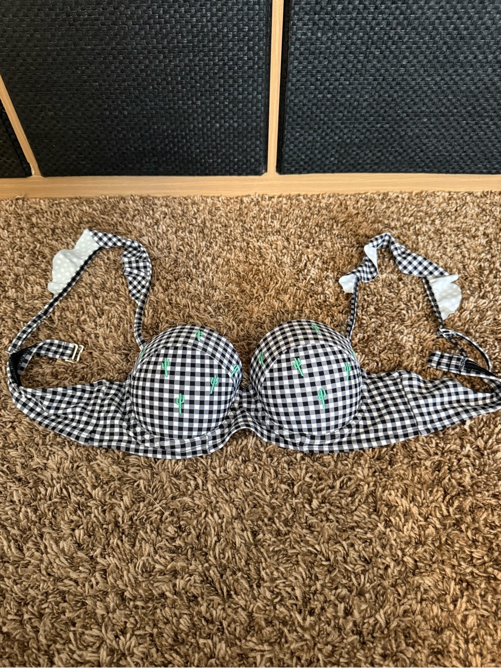 Checked Bikini Top with Green Cactus Embroidery - Women Accessories